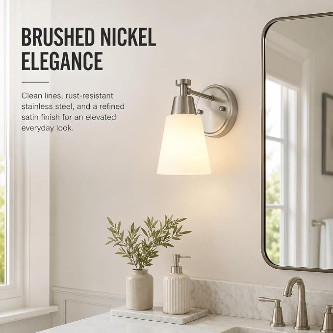 1-Light Bathroom Vanity Light, Brushed Nickel Finish Wall Sconce with Milk Glass, Over Mirror, for Bathroom Vanity