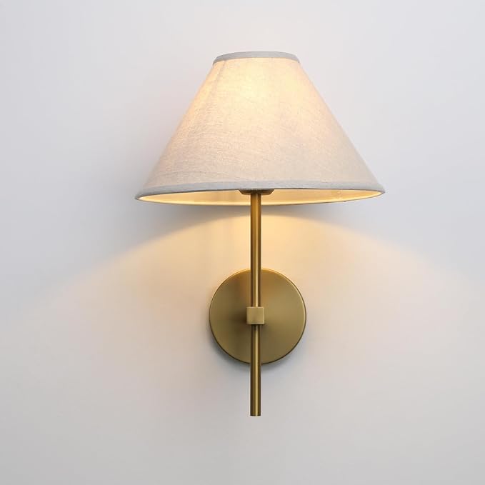 Pathson Hardwired Linen Wall Sconce Big Cone Fabric Lampshade, Vintage Wall Vanity Light Fixture Upwards Install, Indoor Bedside Lamp Victorian Decor for Living Room, Stairwell, Fireplace, Foyer