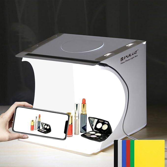 Mini Photo Studio Light Box, PULUZ Portable Folding Photography Lighting Tent Kit with 5500K LED Lights 6 Color Backdrops for Small Items Products Photography 21cm