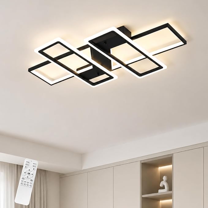 GEADI 35.4" Modern LED Ceiling Light, Dimmable Black Flush Mount Chandelier | 80W 4-Square Geometric Ceiling Lamp with Remote, 3000K-6500K Dimming, Memory, 4800 Lumens, Low Profile for Bedroom, Kitchen
