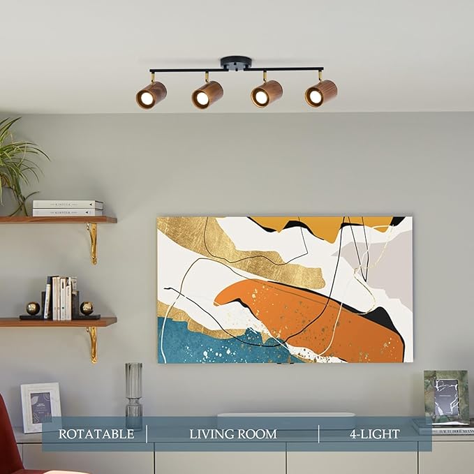 Modern 4-Light Track Lighting Kit Fixture, Adjustable Matte Black Finish and Real Dark Wood Lampshade Ceiling Light, Brass Swivel Item Kit, for Living Room, Kitchen, Artwork