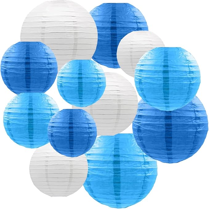 12pcs Blue Hanging Paper Lanterns,Round Paper Lanterns for Birthday,Baby Shower,Wedding,Party,Home Ceiling Decoration（4" 6" 8" 10" ）