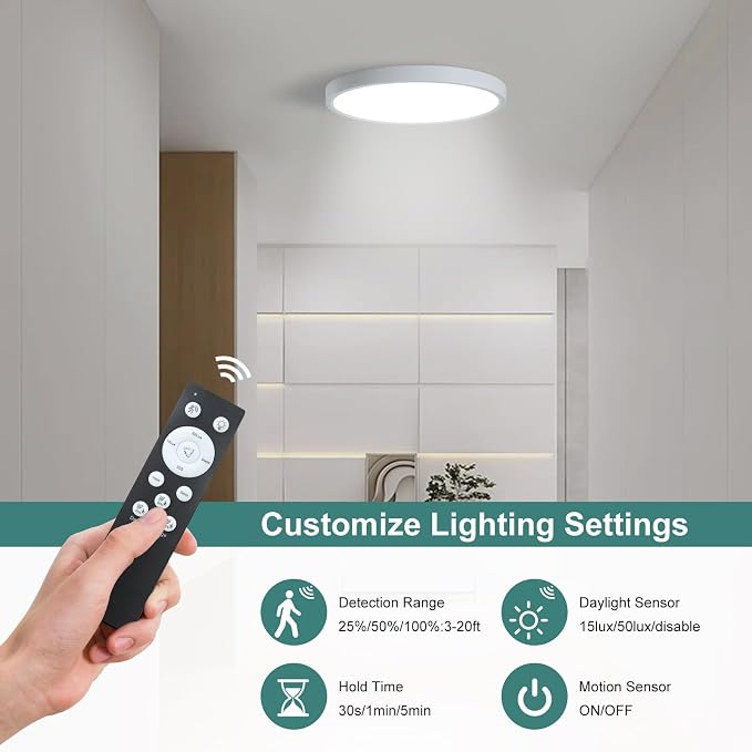 12 Inch Motion Sensor Light Indoor, White | Hardwired, Remote Control Dimmable, Automatic ON/Off, 3000k/4000k/6000k, Round