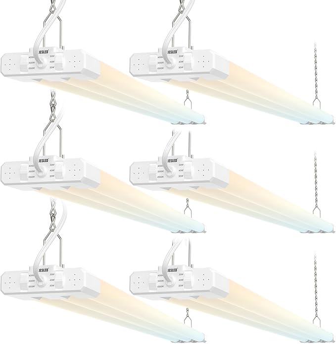 JESLED 4FT LED Shop Lights, 4000K/5000K/6500K Selectable, 30W/40W/50W Adjustable, 5400-7500LM, Commercial Linkable Utility LED Light for Garage, Plug and Play, Ceiling & Suspension Mount, ETL,6P