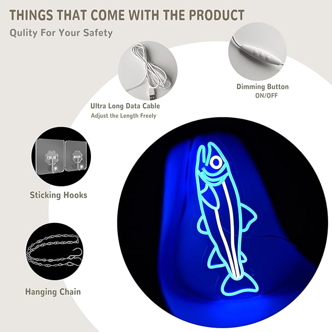 Fish Neon Sign for Wall Decor Fish Decor Salmon Neon Signs Fishing Neon Light Sign Blue Fish Neon Light Up Signs For Bedroom Bar Office Room Kitchen Decoration