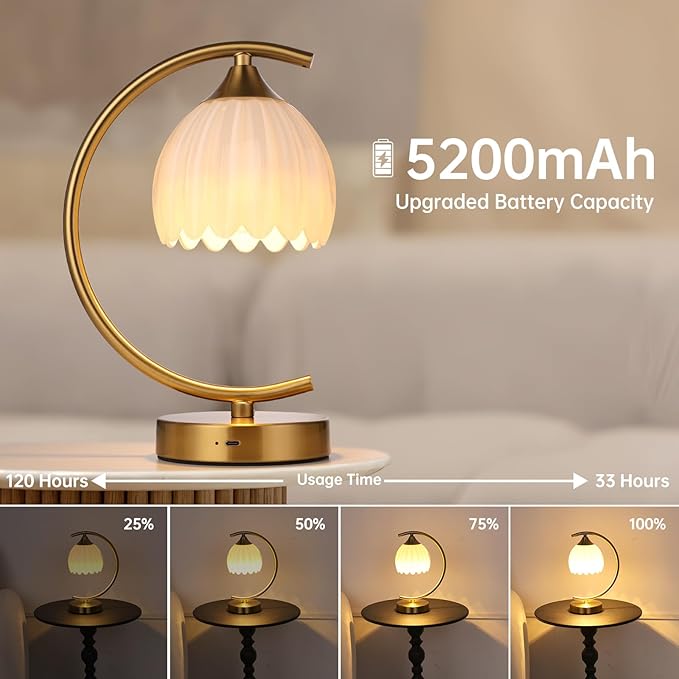 Set of 2 Tulip Table Lamp, 5200mAh Cordless Touch Control Table Lamps with 3 Color Temps & Stepless Dimming, Rechargeable Battery Table Lamp for Living Room, Bedroom, Shelf (White Tulip)
