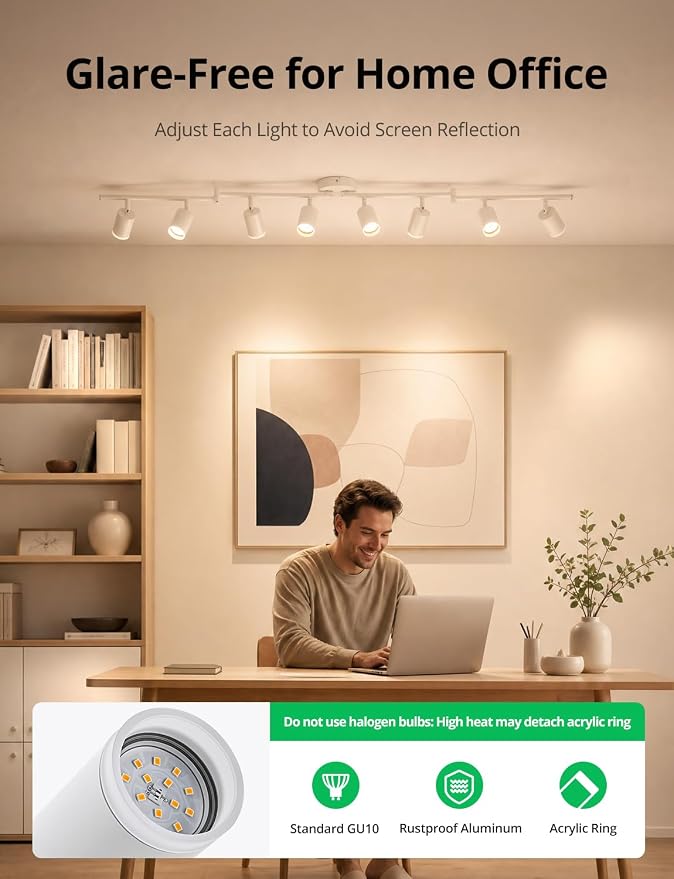 Bojim LED Track Lighting Fixtures Ceiling Mount for Kitchen, 8 Head Modern White Ceiling Light with Acrylic Ring, Rotatable Spot Lights for Dining Living Bedroom,GU10 Base (Bulbs Not Included)