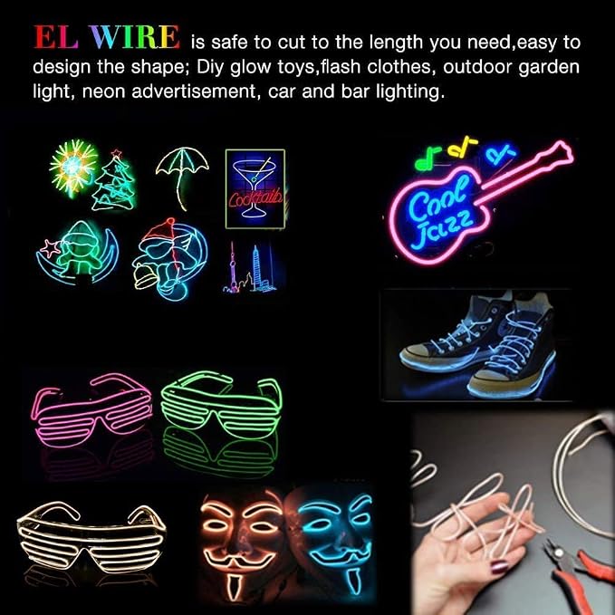 MaxLax EL Wire 5 Pack, 9ft Neon Light Wire Noise Reduction with Battery Pack(Green, Blue, Red, White, Pink)… (9ft)