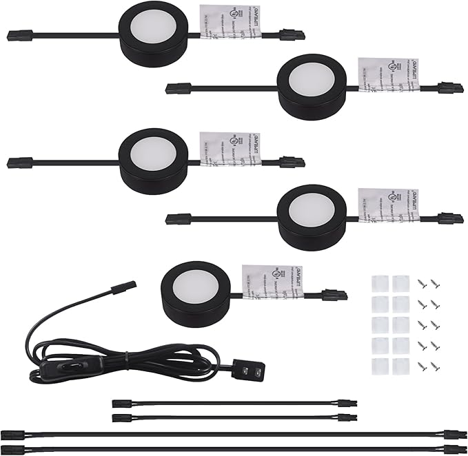 LUMILAND Wired LED Puck Lights 120V (2.7Wx5) Plug-in Lighting Warm White, LED Cabinet Light for Kitchen Can Be Surface Mount or Recess Mount, Black