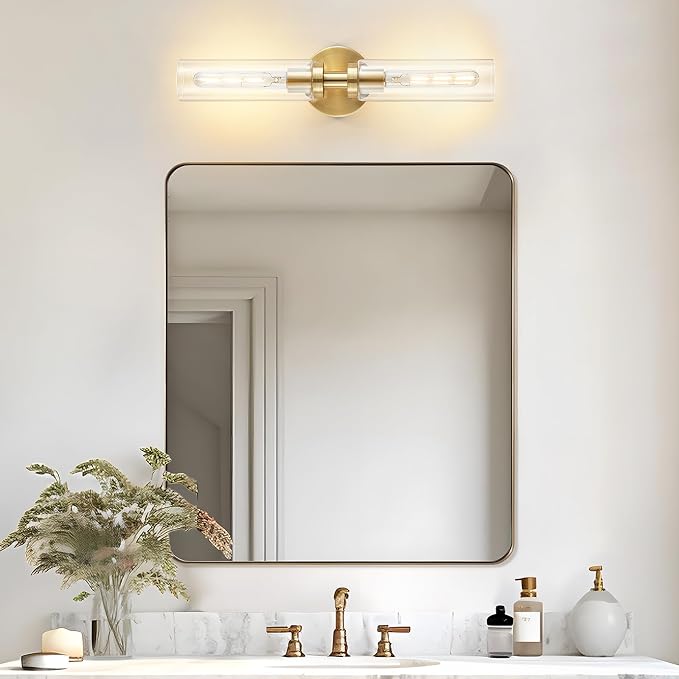 Lanhall 2-Light Brushed Brass Gold Bathroom Light Fixtures Over Mirror Modern Vanity Light Wall Lighting with Clear Glass Shade for Bathroom, Bedroom, Hallway, Cabinet