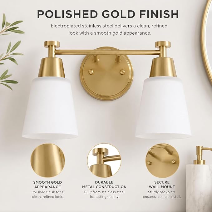 2-Light Bathroom Vanity Light, Gold Finish with Milk Glass Shades, Over Mirror, for Bathroom Vanity