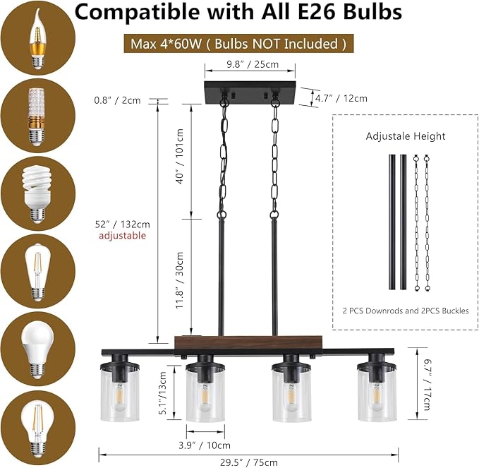 29.3" Farmhouse Dining Room Fixture Over Table, Black Chandelier | 4-Light, Modern Rustic Wood Frame, Adjustable Height, Clear Glass Shade, Ceiling Pendant Lighting for Kitchen Island