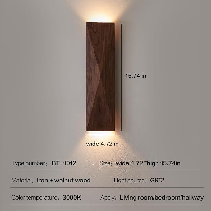 Modern Walnut Wood Wall Sconces, Linear Wood Mounted Lamps, Minimalist Up and Down Wall Sconce for Living Room,Bedroom,Stairway, Hallway