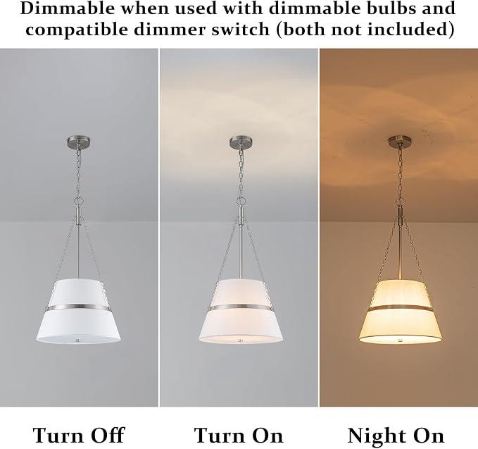 15" Brushed Nickel Drum Chandelier, Linen Pendant Light for Kitchen Island | Modern Transitional, White Linen Shade, 3 Side Chains, 4-Light, for Dining Room, Breakfast Nook, Adjustable Height, 15"W×28"H