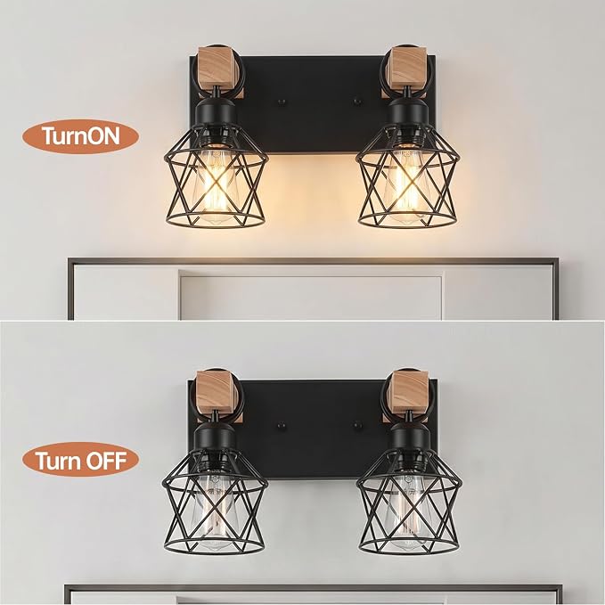 2-Light Farmhouse Vanity Light Fixture, Wood Bathroom Light Fixtures Over Mirror, Industrial Black Vanity Light with Metal Lampshade for Bedroom Hallway Living Room