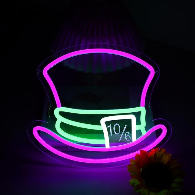 Mad Hatter Hat Neon Signs for Wall Decor Dimmable Alice in Wonderland LED Lights for Bedroom Man Cave Party Bar Background Decoration Birthday and Halloween Gifts, 11.42 * 9.8 Inches