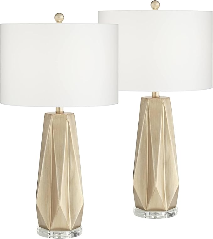 Possini Euro Design Bravo 28" Tall Geometric Modern Table Lamps Set of 2 Champagne Finish White Shade Living Room Bedroom Bedside Nightstand House Office Home Reading Kitchen Entryway Console