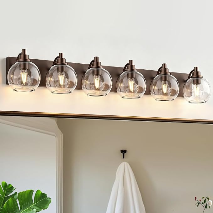 IZORRO Bathroom Light Fixtures, 6-Light Oil Rubbed Bronze Vanity Light, Modern Wall Sconces with Globe Clear Glass Shade, Vanity Lighting Fixtures Over Mirror,E26 Bulb Socket