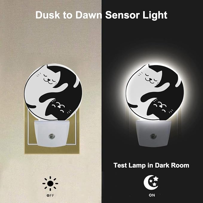 Tai Chi Cat Nightlight Two Black White Cats Kitten Night Lights Plug into Wall Dusk to Dawn Sensor Round Night Light for Adults Boys Girls, 0.5W Energy Efficient