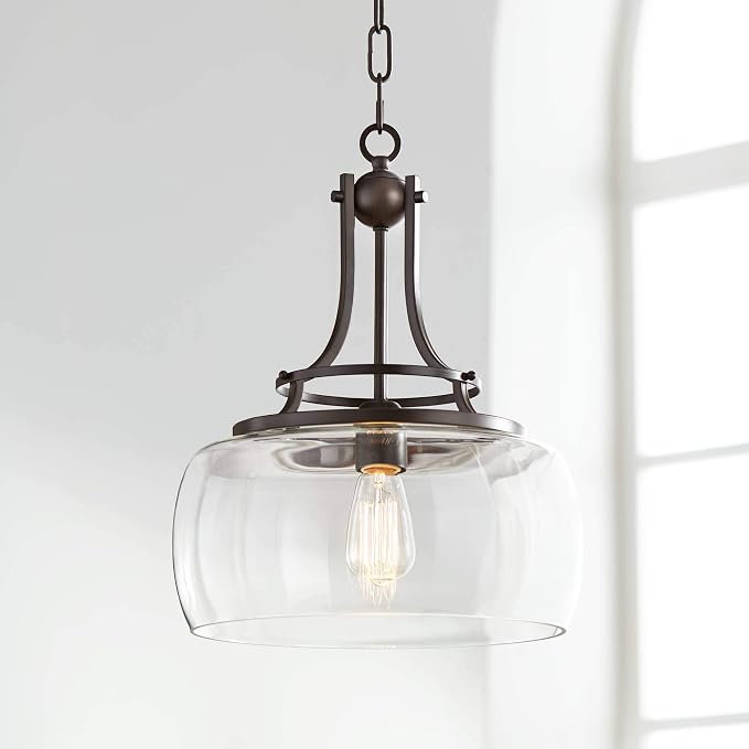 Charleston 13 1/2" Wide Clear Glass and Bronze Pendant Light Light Fixture | Brown Small Farmhouse Industrial Rustic Shade Dining Room House Bedroom Entryway Kitchen Island Hallway High Ceilings