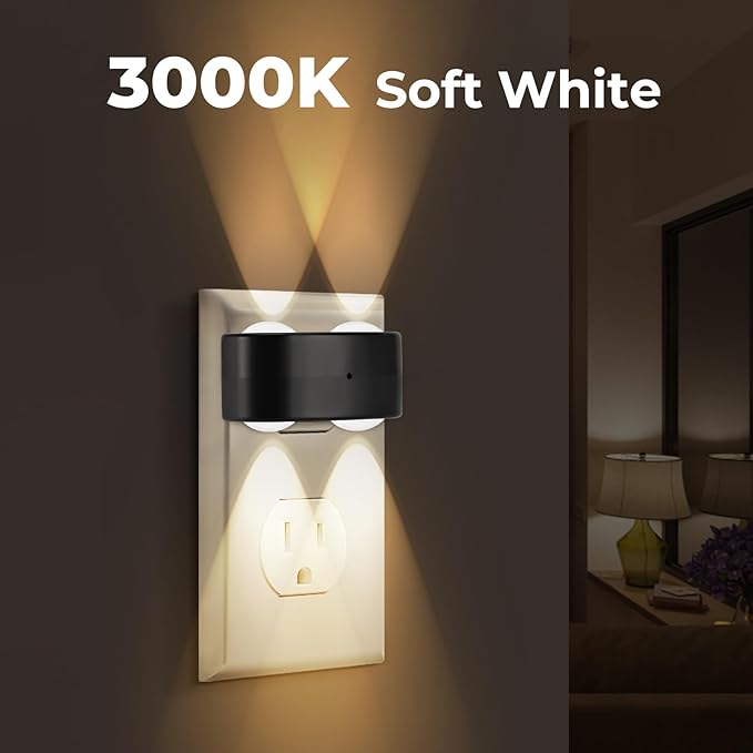 4-Pack LED Night Lights Plug into Wall, 2700K Soft White with Light Sensor, Ambient Lighting for Hallway, Bedroom, Bathroom, Nursery, Kitchen, Rotating Plug-in Night Light