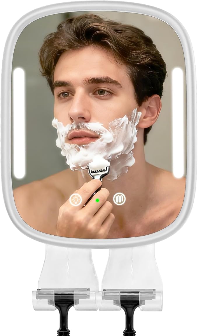 Heated Shower Mirror Fogless for Shaving with Light, Rechargeable Battery, Detachable Adhesive Hook & Razor Holder, NO-Drilling Waterproof Anti-Fog Mirror, Gift for Men(White)