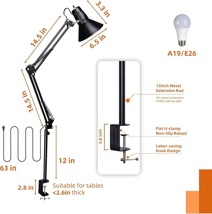 Black Desk Lamp with Clamp, Extra-Tall Adjustable Metal Swing Arm, 3000K | Manicurist Table Lamp for Nail Work, Drafting, Sewing, Crafting, College Dorm and Home Office, A19 Bulb Included