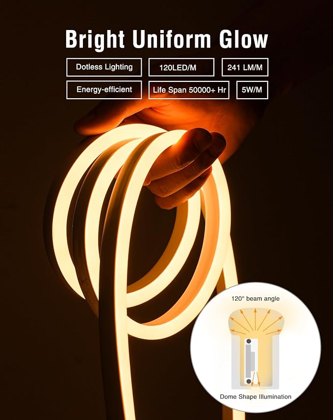 LED Neon Rope Lights AC 120V, Expandable & Cuttable 120LEDs/M Bright Strip Lighting, ETL Cold-Resistant & IP65 Waterproof for Indoor Outdoor, 8x16mm, 2500K Warm White, 98.4ft