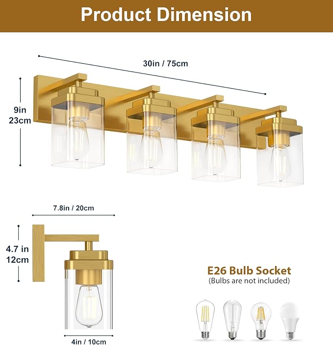 Brushed Gold Bathroom Light Fixtures, 4 Lights Bathroom Lighting Fixtures Over Mirror, Square Design & Rectangle Large Backplate, Modern Vanity Lighting Fixtures, for Living Room/Bedroom