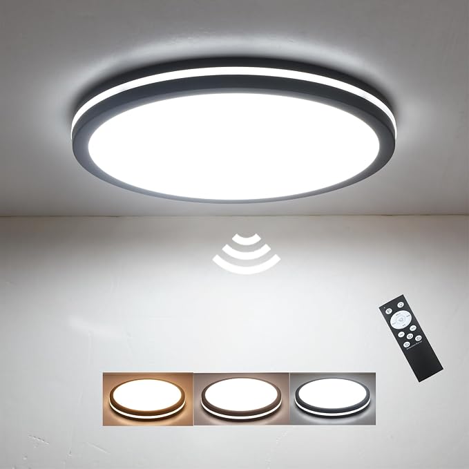 Motion Sensor Ceiling Light, 11 Inch Hardwired Flush Mount 2400LM | Remote Dimmable, 3000K/4000K/6000K, Waterproof, for Closet Hallway Stair Porch Laundry Black