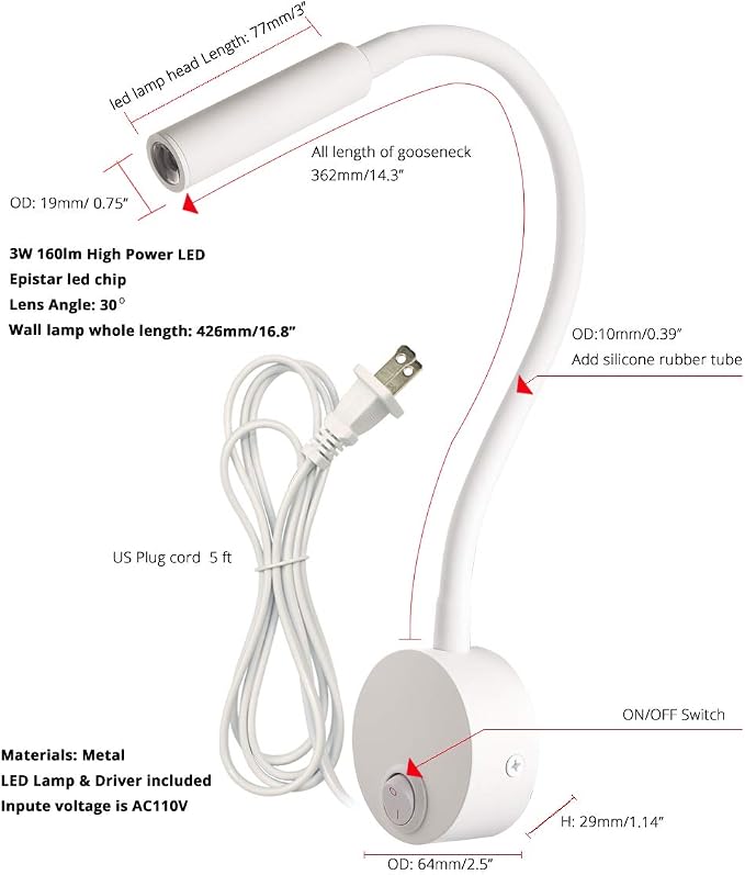 White Wall Light Bedside Reading Light, 25° Focused Beam 3000K Warm White Gooseneck Lamp for Bed Headboard, Wooden Board Mounted Sconce, 4.92ft Plug-in Cord, AC 85-265V