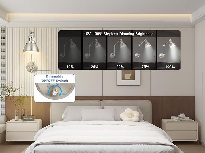 1 Pack Plug in Wall Sconce, Dimmable On Off Switch, Swing Arm Wall Lamp, Brushed Nickel Metal Industrial, Plug in Wall Light (Brushed Nickel, Without Bulb+Remote)