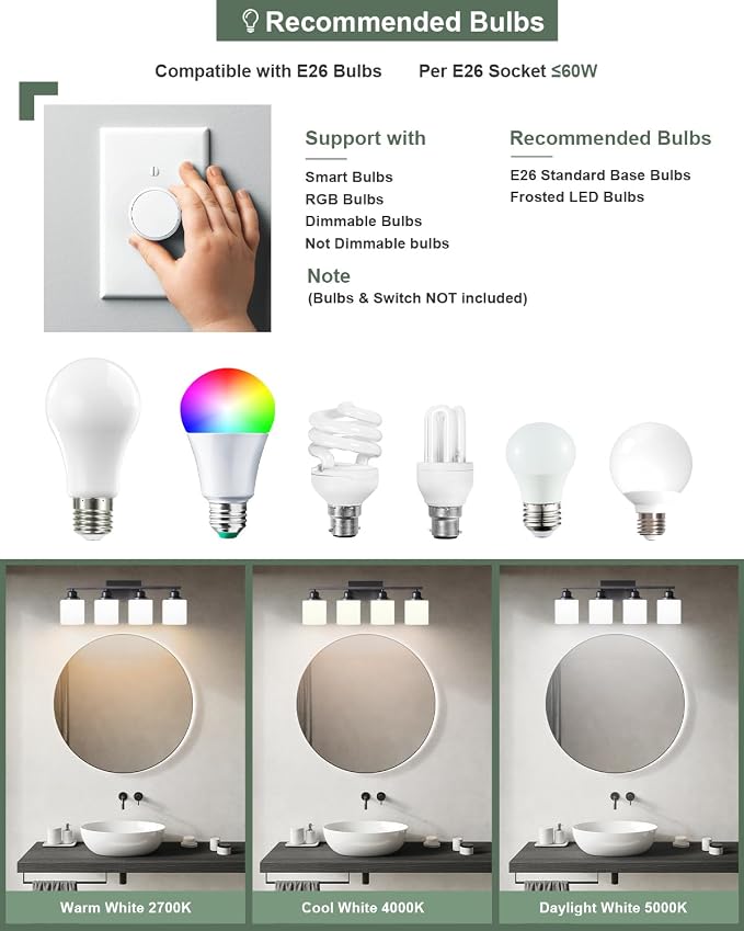 Vanity Light Fixtures, Matte Black, Over Mirror, Modern Bathroom Light, Anti-Rust Nickel Finished, 4-Light, E26 Standard Sockets, Easy Installation, 24 Months Replacement