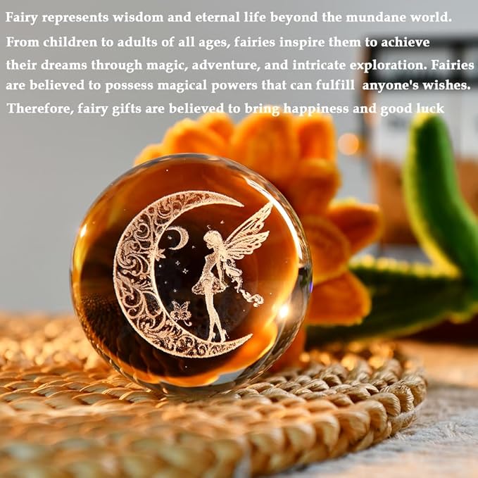 Moon Fairy Crystal Ball Decorative Ball 60mm Fairy Glass Sphere Decor 3D Dreamy Engraving Gifts for Girls Women Fairy Lovers Wedding Gift with Light Base