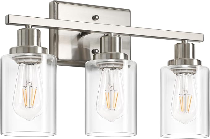 Ascher Bathroom Light Fixtures, 3 Light Vanity Light with LED Bulbs Included, Brushed Nickel Wall Sconces with Clear Glass Shades for Mirror, Kitchen, Living Room, Hallway, Cabinet