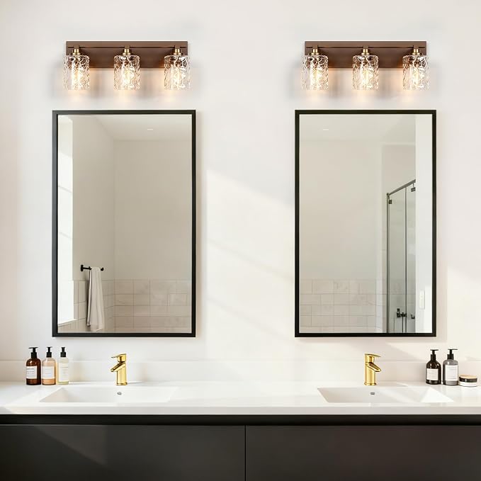 Modern Bathroom Lighting Fixtures Over Mirror, Vanity Lights for Bathroom, Wall Sconces with Clear Glass Shades, E26 Ceramic Socket, 3-Light 19.7-inch Oil-Rubbed