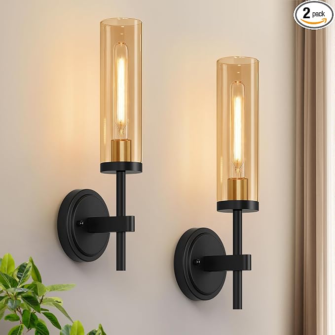 MOKATNG Hardwired Wall Sconces Set of Two, Black and Gold Bathroom Sconces with Amber Glass, Modern Wall Light Fixtures for Bathroom Mirror Vanity, Living Room, Hallway, Stairway, Cabinet, Foyer