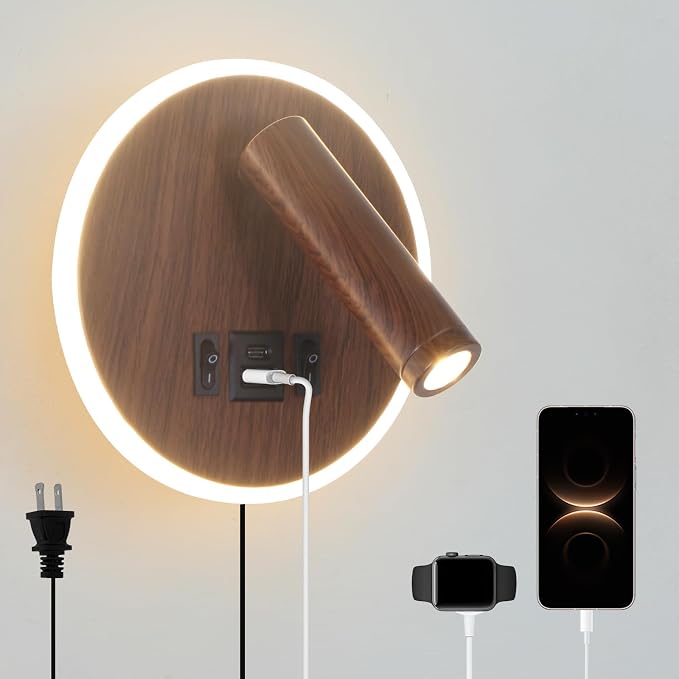 Plug in Wall Light with Wall Mounted Reading Lights with Switch | Wall Lamp for Bedroom with USB C+A Ports, Headboard Light with 3W+9W Night Light, Walnut Color Reading Light Adjustable Angle