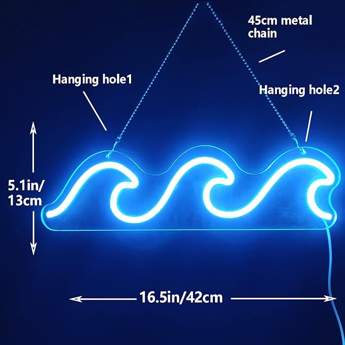 Wave Neon Signs for Bedroom Ice Blue Dimmable Wave Neon Light Art Wall Decor Wave Neon Signs for Wall Decor Living Room Bedroom Office Bar Birthday Party Christmas(16.5 X 5.1 Inch)