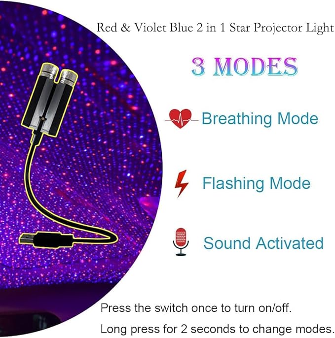 USB Star Night Lights Projector, LEDCARE Sound Activated 3 Modes 2 in 1 Interior Car Roof Lamp, Adjustable Romantic Portable LED Lights for Car Ceiling Bedroom Decoration, Red Purple