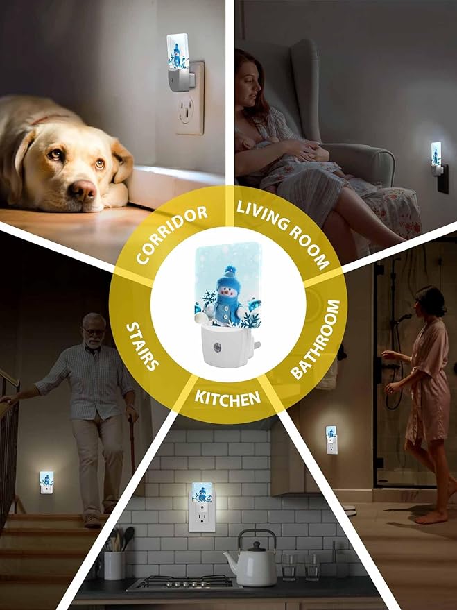 Snowman Night Lights Plug into Wall LED Night Light Christmas Cute Doll Snowflake Automatic Dimmable Dusk-to-Dawn Square Shaped Smart Nightlight for Bathroom/Bedroom