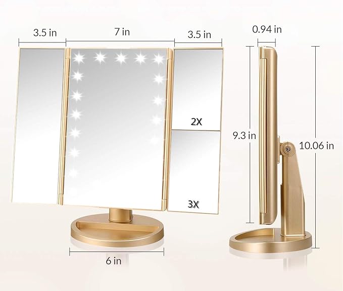 Infitrans Trifold Makeup Mirror Vanity Mirror with Lights,1X 2X 3X Magnification,Touch Control,Adjustable Rotation,Dual Power Supply,Portable Travel Cosmetic Mirror,Birthday Gifts for Women,Teengirls