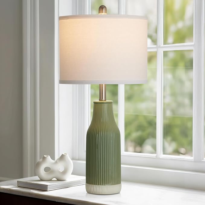 24.5" Ceramic Table Lamp for Bedroom, Sage Green Table Lamp for Living Room End Table, Small Farmhouse Bedside Lamp for Nightstand (1 Pack)