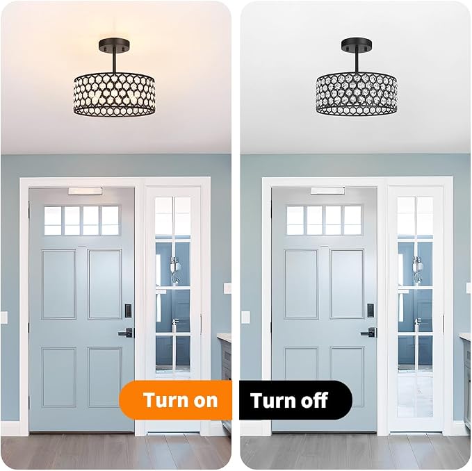 Lxybcce Black Crystal Ceiling Light Fixture - Modern Semi Flush Mount Ceiling Light for Hallway, Kitchen Lighting Fixtures Ceiling, Dazzling Prism Chandelier for Foyer Closet Bedroom, 3 Light, 12 in