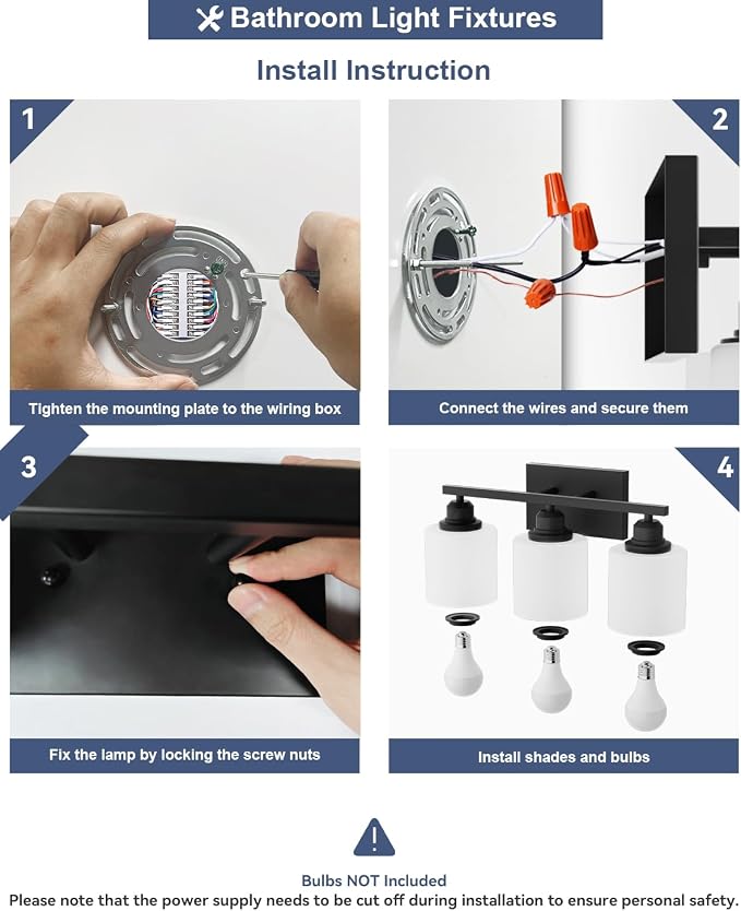 3-Light Bathroom Vanity Light, Anti-Rust Matte Black Bathroom Light Fixtures Over Mirror, Modern Bathroom Lights Wall Mount with Milky White Glass Shades, E26 Base Vanity Lighting