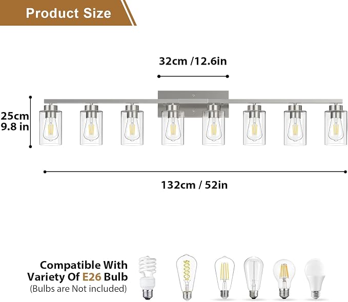 IZORRO Modern Bathroom Light Fixtures, 8 Light Brushed Nickel Vanity Lights, Bathroom Lighting Fixtures Over Mirror with Clear Glass for Living Room Cabinet Bedroom