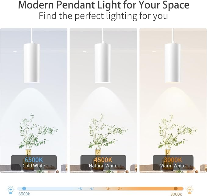 4" Pendant Lights Kitchen Island, 25W Cylinder Hanging Lights with Dipswitch, Modern Eye Care Led Pendant Lamp fixtures for Bedroom, Living Room, Office (White, 2 Pcs)