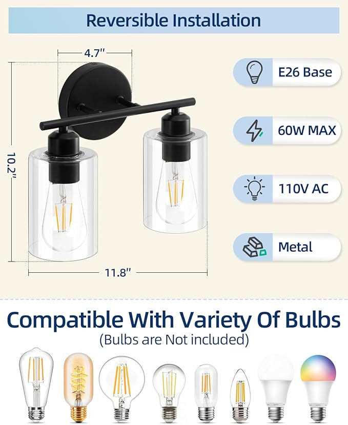 2-Light Bathroom Light Fixtures, Matte Black Bathroom Vanity Lights, Bathroom Lighting Fixtures Over Mirror with Clear Glass Shade, Wall Sconce Light for Bedroom, Living Room and Hallway