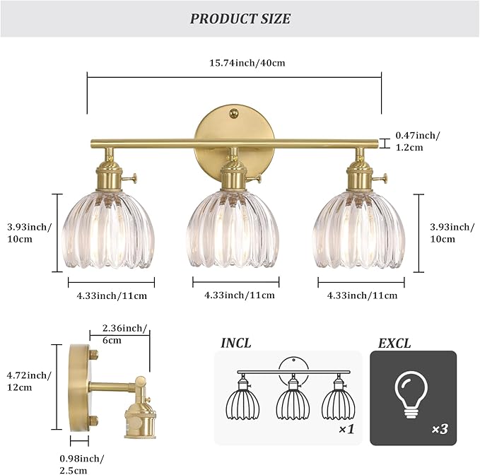Bathroom Light Fixtures, 3-Light Brass Vanity wall Light Over Mirror with Clear Tulip Glass Shade for Bedroom Living Room (Bulb Not Included)