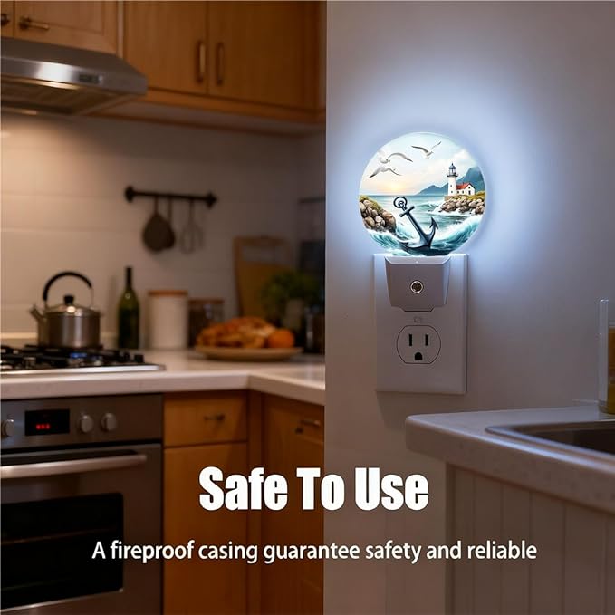 Plug-in Seascape Night Light Anchor Lighthouse and Seagulls at Sunset Nightlight with Dusk to Dawn Sensor, Auto On/Off 0.5W Energy-Saving LED Lighting for Men Women Boys Girls Gift